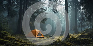 Serene Forest Camping Tent in Misty Woods