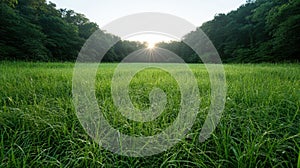 Serene forest clearing with sunburst