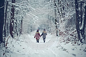serene forest covered in a blanket of snow, where children are walking hand in hand.