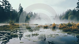 Serene Forest Lake With Mist: Realistic Yet Ethereal Nature-based Patterns