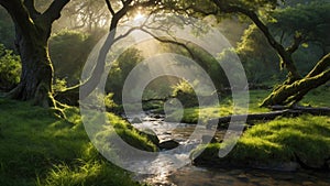 Serene Stream, Sunlit Forest Path, Mossy Trees Peaceful Nature Scene