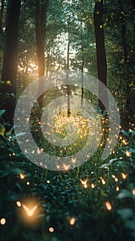 A serene forest path illuminated by glowing fireflies at sunset