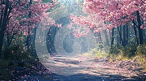 Pink cherry blossom forest path