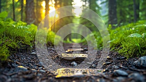 Serene Forest Path with Sunlight Streaming Through the Trees