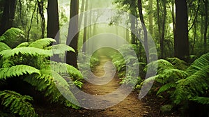 A serene forest path surrounded by lush ferns and misty trees invites exploration