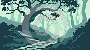 Serene Forest Path with Tall Trees and Dappled Sunlight, vector design Generative AI
