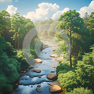 Serene Forest River with Smooth Rocks and Lush Greenery Under Blue Sky stream water