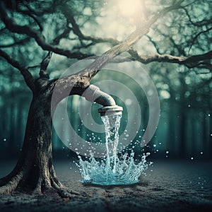 A serene forest scene with a blurred background featuring a faucet on a tree and water droplets