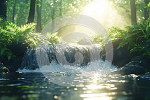 A serene forest scene with a bubbling spring surrounded by vibrant greenery