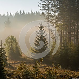 The mist diffuses the sunlight, casting a soft glow across the