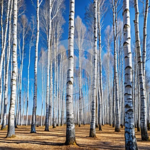 Forest with white birch tree trunks in early spring, no leaves. Blue sky background photo