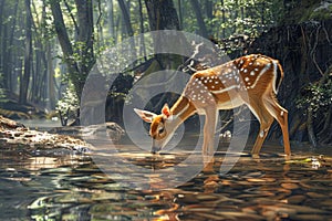 Serene Forest Scene with Graceful Deer Drinking from a Tranquil Stream Amidst Lush Greenery and Sunbeams