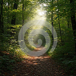 A serene forest scene with a narrow, leaf-covered path winding through tall trees. photo