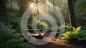 Sunlit Bench in a Lush Forest Clearing with Ferns and Tranquil Atmosphere