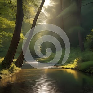 A serene forest scene with tall trees, dappled sunlight, and a peaceful stream Tranquil and calming environment4