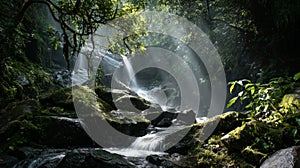 Serene forest stream with sunlit canopy. AI image