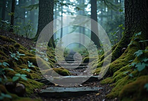 Serene forest trail surrounded by moss-covered trees and lush greenery