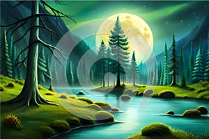 serene forest under the full moon, capturing the mystical ambiance of Cancer\'s water element