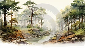 Serene Forest Watercolor Painting: A Tranquil Chinese Landscape