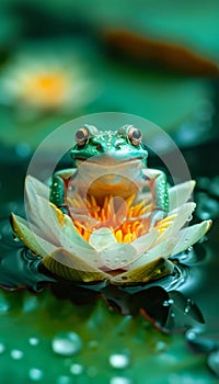 Serene frog nestled in a blooming water lily, symbolizing peace