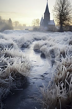 A serene, frosty morning landscape with a stream, icy grass, bare trees, and a church under a soft sunrise glow