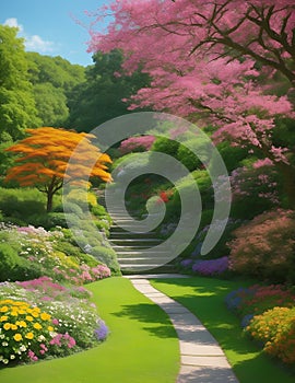 A serene garden in autumn surrounded by lush, adorned with colorful and fragant flowers, hills, nature view