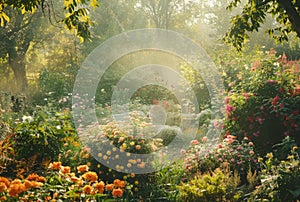 Serene Garden Bathed in Morning Light Featuring Lush Flowerbeds and Mist