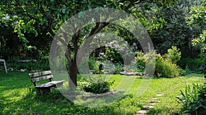 A serene garden with a bench nestled under a tree the ideal spot for a quiet reading session before dozing off under the