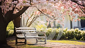 A serene garden bench under a blossoming tree