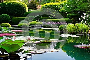 A serene garden landscape with floating water lilies glowing plants generated by ai