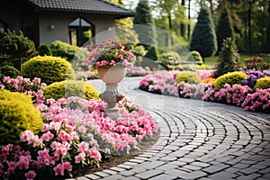 Serene Garden Oasis: Vibrant Blooms, Trimmed Shrubs, and Stone Fountain
