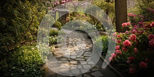 Serene Garden Path with Blossoming Flowers and Shaded Trees