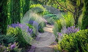 A serene garden path lined with lavender flowers
