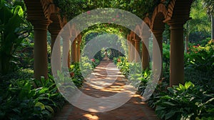 A Serene Garden Path Under a Beautiful Pillared Archway photo