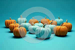 Serene Gathering of Pumpkins Set Against a Tranquil Turquoise Backdrop AI generated