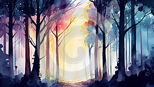A serene generative ai illustration of a misty forest with rays of sunlight filtering through the trees, creating a
