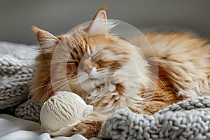 Serene Ginger Cat Dozing on Cozy Knit Blanket with Ball of Yarn, Domestic Feline Relaxation and Comfort, Pet Lovers Cozy Home