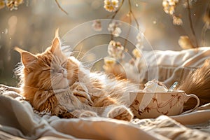 Serene Ginger Cat Relaxing on Soft Blanket Beside Cup in Dreamy Sunlit Room with Delicate Flowers