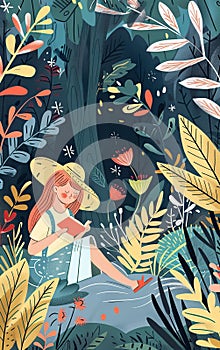 Serene Girl Reading in Lush Forest Illustration AI