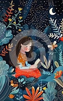 Serene Girl Reading in Lush Forest Illustration AI