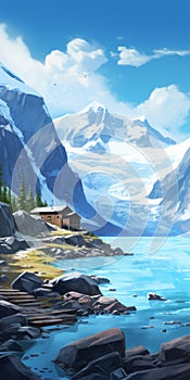 Serene Glacier Lake Cabin: Digital Painting Illustration