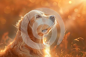 Serene Golden Retriever Basking in the Warm Glow of Sunset Light in a Peaceful Outdoor Setting