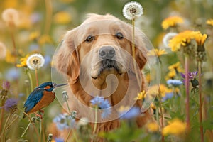 Serene golden retriever with kingfisher in a blooming meadow, concept of nature's harmony.