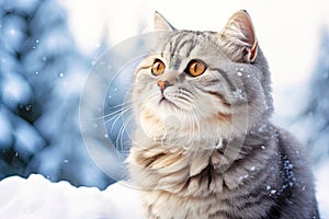 Serene Gray Cat Gazing Out Window on a Snowy Winter Day