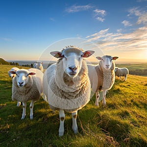 Serene Grazing: White Woolly Romneys in Golden Afternoon Light