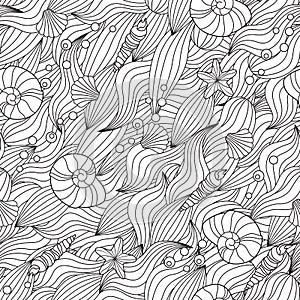 Serene hand drawn outline seamless pattern with sea waves, seashells isolated on white background.