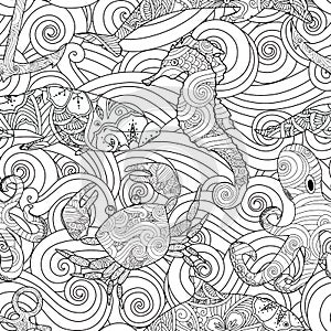 Serene hand drawn outline seamless pattern with waves, sea animals - dolphin, seahorse, crab, octopus isolated on white