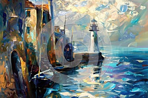 Serene Harbor at Dawn.A Vibrant Impressionist Vision of a Coastal Village