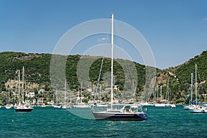 Serene harbor scene with sailboats and clear sky