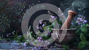 Serene herbal apothecary scene with mortar and pestle amidst purple flowers and greenery, still life conceptual